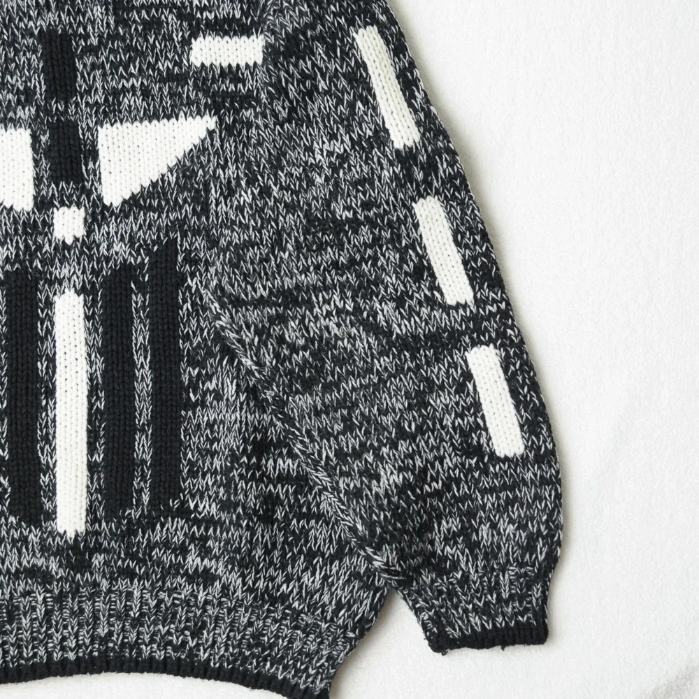 Vintage 90s Geometric Knit Sweater Mens M Black White Abstract Retro Graphic Dad